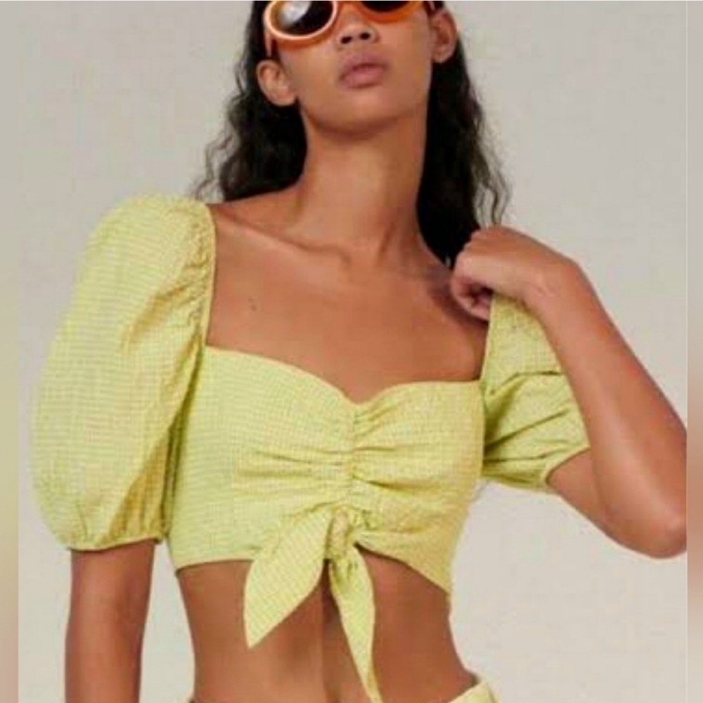 New Zara Gingham Cotton Puff Sleeve Tie Knot Front Smocked Cropped Bra Top Small - Picture 5 of 12
